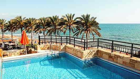 Billede af en pool med havet og palmer i baggrunden. (AI-genereret tekst)