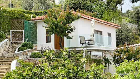 Hvidt hus med altan, omgivet af have og grønt. (AI-genereret tekst)