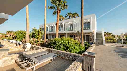 Et moderne hotel med hvide facader og store vinduer omgivet af palmer og stenbelagte gange. (AI-genereret tekst)