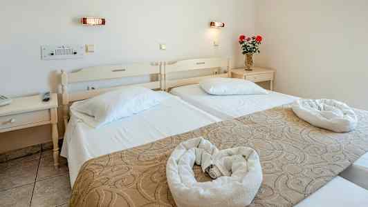 Et hotelværelse med to enkeltsenge, dekorative genstande og en vase med blomster på et natbord. (AI-genereret tekst)