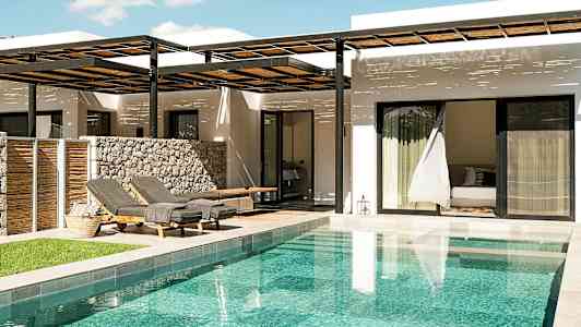 Billede af en moderne villa med udendørs swimmingpool, liggestole og terrasse. (AI-genereret tekst)