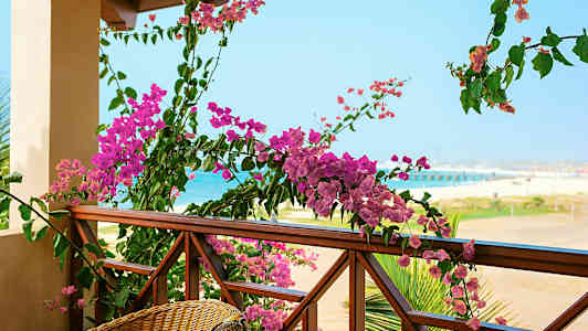 Altan med trægelænder dekoreret med lyserøde blomster og udsigt til en strand og havet. (AI-genereret tekst)