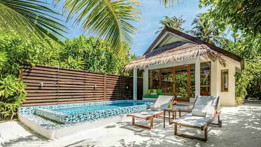En bungalow med stråtag, en lille pool og liggestole, omgivet af frodigt grønt. (AI-genereret tekst)