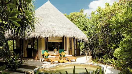 Billede af en bungalow med stråtag, omgivet af frodig vegetation og med en lille pool i forgrunden. (AI-genereret tekst)