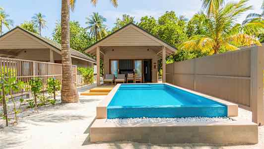 En bungalow med privat pool og omkringliggende palmer. (AI-genereret tekst)