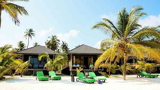 Strand med liggestole, palmer og strandhuse. (AI-genereret tekst)