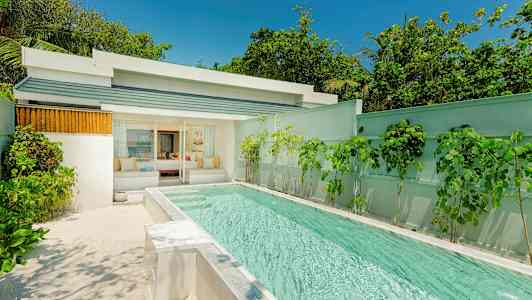 Villa med privat pool og vegetation omkring. (AI-genereret tekst)