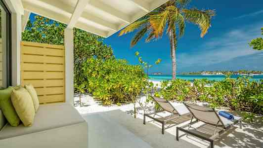 En terrass tæt på stranden med solsenge, en palme og udsigt over havet. (AI-genereret tekst)