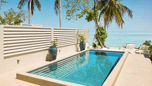 En swimmingpool ved havet omgivet af palmer og liggestole. (AI-genereret tekst)