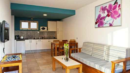 En åben planløsning med køkken og stue, møbleret med træbord og sofa. (AI-genereret tekst)