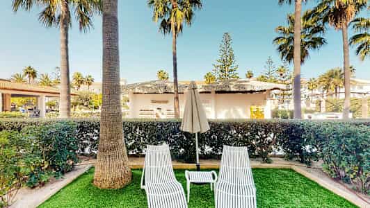 To hvide liggestole med en parasol imellem på en græsplæne, omgivet af palmer og bygninger i baggrunden. (AI-genereret tekst)