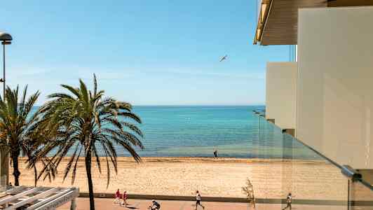 Udsigt fra en bygning mod en strand med palmer, gangsti og cyklister samt havet i baggrunden. (AI-genereret tekst)
