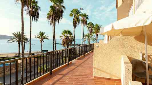 Billede af en terrasse med udsigt over en strand med palmer og hav. (AI-genereret tekst)