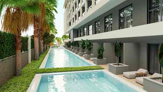 En swimmingpool omgivet af beplantning og en moderne bygning. (AI-genereret tekst)