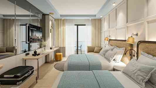 Hotelværelse med to dobbeltsenge, moderne indretning og altandør. (AI-genereret tekst)