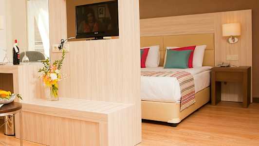 Et hotelværelse med moderne indretning, herunder en dobbeltseng, et fjernsyn på en trækonstruktion og en blomsterbuket. (AI-genereret tekst)
