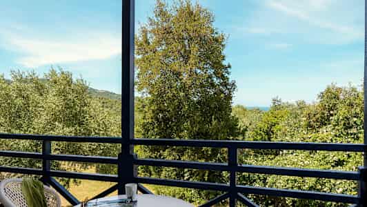 Udsigt fra en balkon med bord og stole mod træer og hav i baggrunden. (AI-genereret tekst)