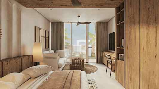 Et moderne hotelværelse med trædetaljer, seng, siddeområde og altan. (AI-genereret tekst)