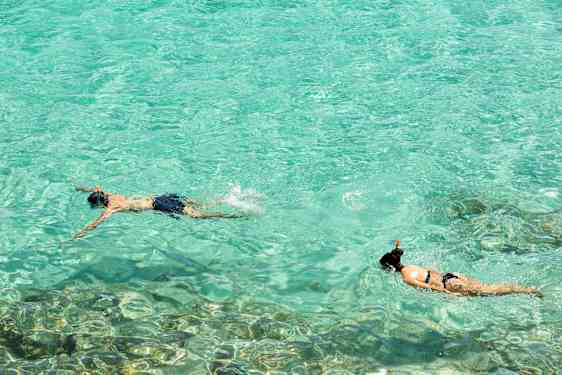 To personer snorkler i klart turkis vand. (AI-genereret tekst)