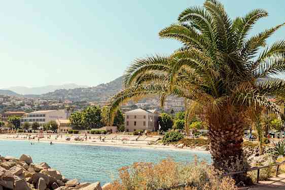En strand med badegæster, omgivet af hotelbygninger og træer med bjerge i baggrunden. En stor palme står i forgrunden. (AI-genereret tekst)