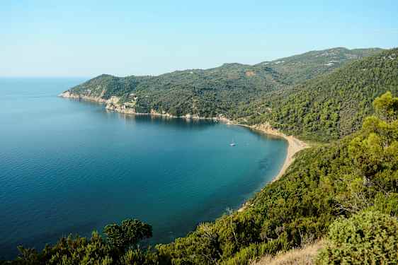 En kystlinje med en bugt omgivet af grønne bjerge og klart blåt hav. (AI-genereret tekst)