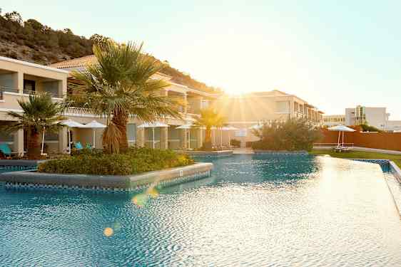 Udendørs pool ved et feriested med palmer i baggrunden. (AI-genereret tekst)