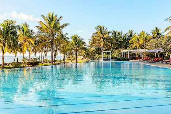 En pool med klart vand omgivet af palmer og liggestole under en klar himmel. (AI-genereret tekst)