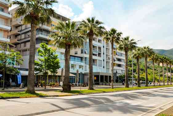 Lejlighedsbygninger med palmer og grønne områder langs en bred vej. (AI-genereret tekst)