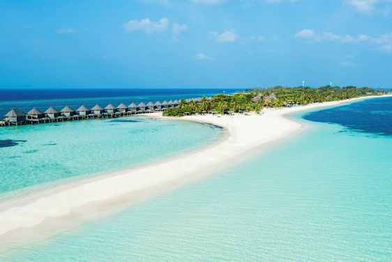 En tropisk strand med klart blåt vand, sand og palmer samt vandbungalower på stolper. (AI-genereret tekst)