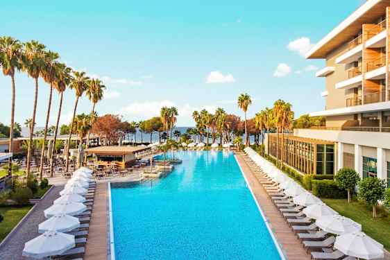 Et hotel med pool og liggestole omgivet af palmer. (AI-genereret tekst)