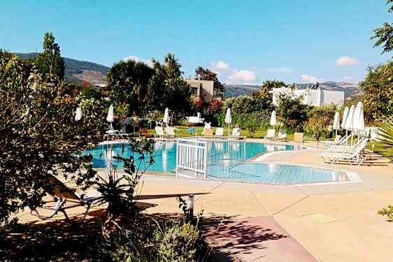 En udendørs pool omgivet af liggestole og parasoller, med grønne områder i baggrunden. (AI-genereret tekst)