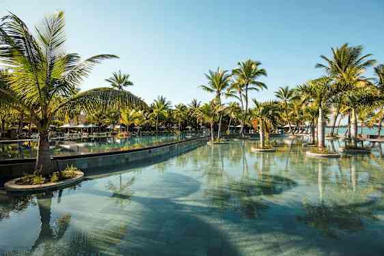 En stor swimmingpool omgivet af palmer under en klar blå himmel. (AI-genereret tekst)