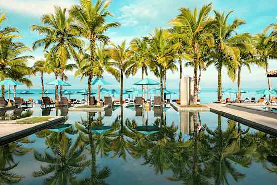 Udendørs pool med palmer og liggestole ved stranden. (AI-genereret tekst)