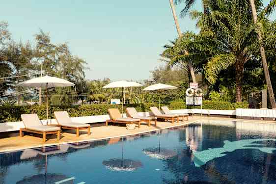 En udendørs pool med solsenge og parasoller. Tropiske træer i baggrunden. (AI-genereret tekst)