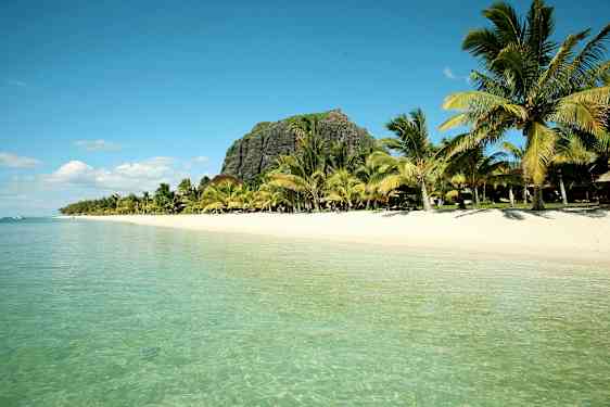 En strand med klart vand, omgivet af palmer og en klippe i baggrunden. (AI-genereret tekst)