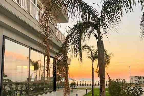 En bygning med glasvinduer og palmer i forgrunden ved solnedgang. (AI-genereret tekst)