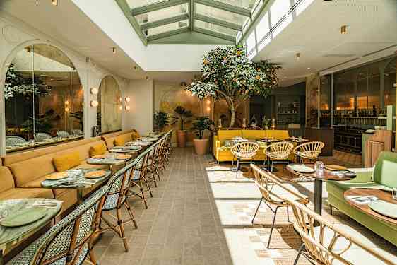 En lys og elegant restaurant med siddepladser ved borde og sofaer. Dekorationer inkluderer et citrus træ og grønne planter. (AI-genereret tekst)
