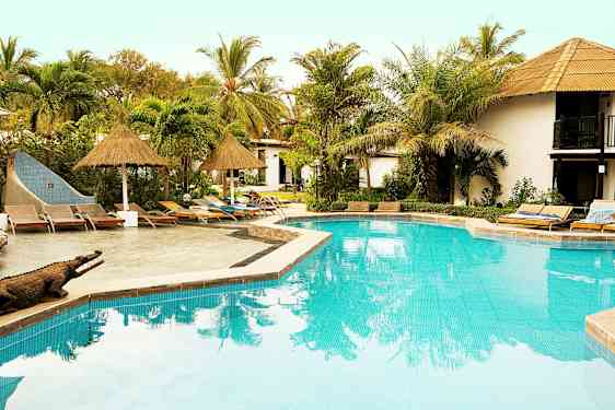 En pool omgivet af solsenge og tropiske planter. (AI-genereret tekst)