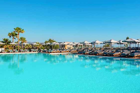 Stor udendørs swimmingpool med liggestole og parasoller langs kanten, omgivet af palmer. (AI-genereret tekst)