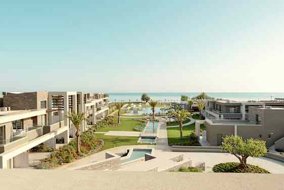 Hotellets moderne bygninger med poolområder og haver nær havet. (AI-genereret tekst)