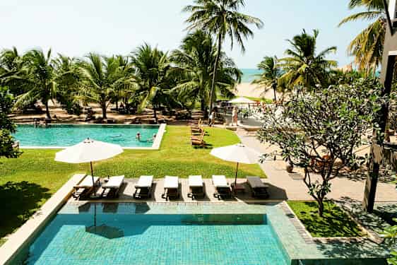 Billedet viser et hotellets poolområde med liggestole og parasoller, omgivet af tropiske palmer, med udsigt til stranden og havet. (AI-genereret tekst)