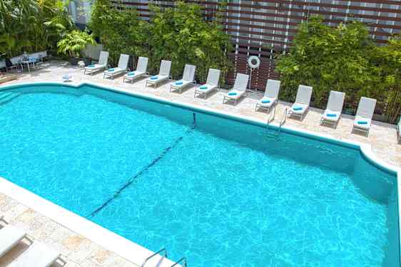 En pool omgivet af solsenge og grøn beplantning. (AI-genereret tekst)