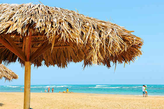 Strand med en parasol af palmeblade i forgrunden og mennesker på stranden ved havet. (AI-genereret tekst)