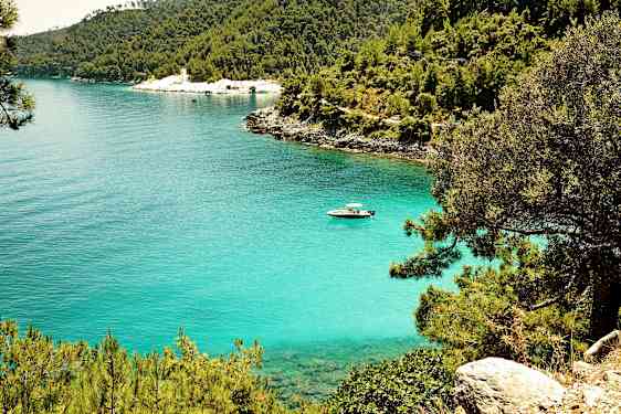 En klarblå bugt omgivet af grønne områder og træer med en motorbåd på vandet. (AI-genereret tekst)