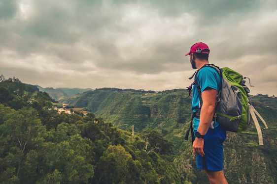 En person med rygsæk står og kigger ud over en grøn dal under overskyet vejr. (AI-genereret tekst)