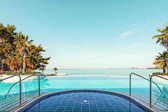 Pool med havudsigt og omkringliggende palmer. (AI-genereret tekst)