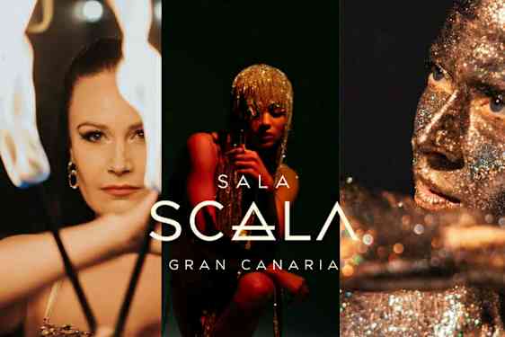 Flammer, glitter og teksten 'Sala Scala Gran Canaria'. (AI-genereret tekst)
