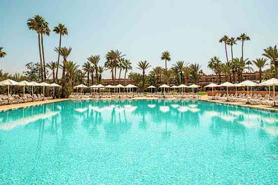 En stor pool omgivet af liggestole og parasoller under en klar himmel med palmer i baggrunden. (AI-genereret tekst)