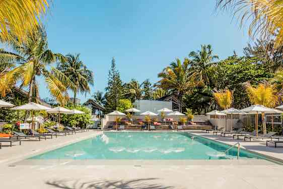 En pool omgivet af liggestole og parasoller med palmer i baggrunden. (AI-genereret tekst)