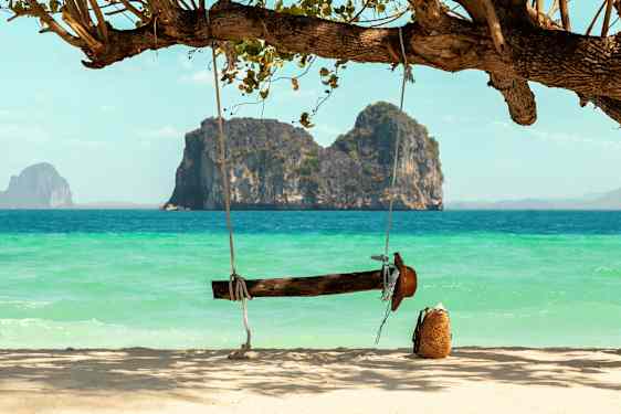 En trægyng hænger fra et træ ved en sandstrand med havet og klippeformationer i baggrunden. (AI-genereret tekst)